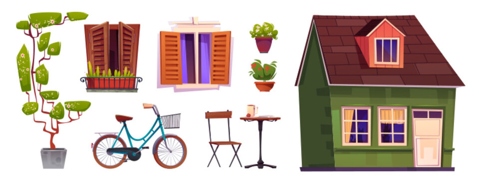 Italy vintage city street illustration vector set. House open window in italian town with wooden shutters and flowerpot. Retro suburb mediterranean cottage apartment building exterior icon design