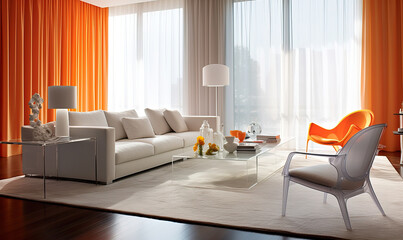 Modern Living Room in White and Orange Tones. Created using generative AI tools
