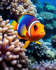 Obraz na płótnie Canvas Close-up of a Bright Blue-Orange Fish. Created using generative AI tools
