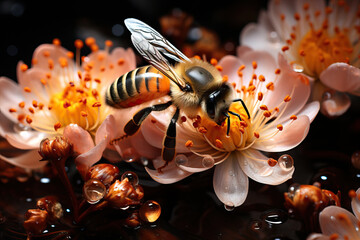 Obraz na płótnie Canvas Honey Bee on Apple Blossoms. Created using generative AI tools
