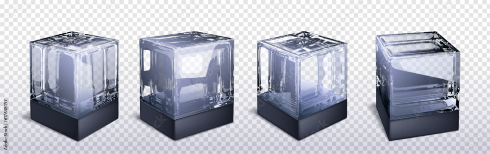 Poster 3d glass cube box vector isolated on transparent background. crear black and white realistic geometr
