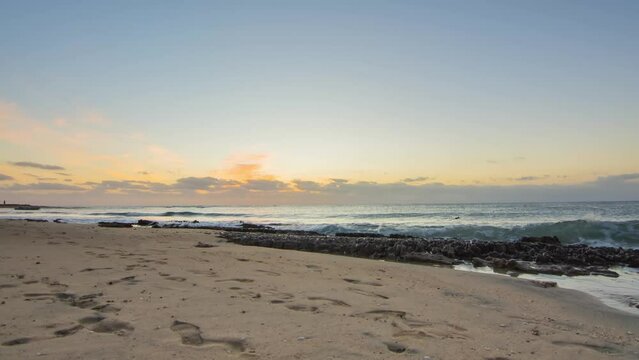 timelapse with lot of hermit crabs in the sand at the beach during warm amazing sunrise