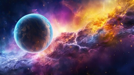 Fototapeta na wymiar abstract purple blue and yellow planet deep space nebula galaxy background wallpaper, Generative AI