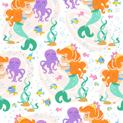 Seamless pattern with mermaid and octopus vector illustration