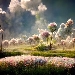 surreal landscape spring meadow with wild flowers dreamy photorealistic vray renderer 8k 