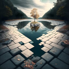 square cobblestone path floating on top of a lake surrounded by trees surreal 
