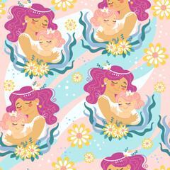 Obraz na płótnie Canvas Seamless pattern with mother and baby cuddle vector