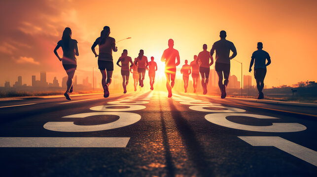 Start up of runner group running on sunrise on road
