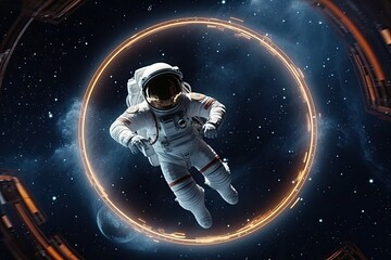Obraz na płótnie Canvas astronaut flies in outer space planets beautiful nebula galaxy background wallpaper banner, Generative AI