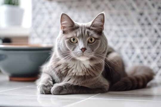 Fluffy gray cat sits in a modern kitchen with white interior. Generative ai