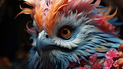 A portraight of colorful realistic mythical bird with sharp eyes 