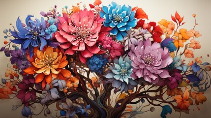 A scene depicting colorful flowers blooming inside the human brain in a creative drawing. Each flower represents a different thought or idea. Created with Generative AI