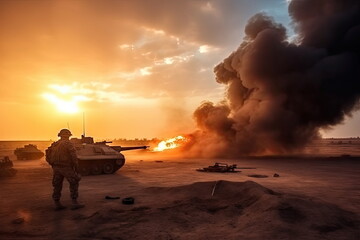  soldiers crosses warzone with fire and smoke in the desert, military special forces, tank