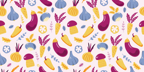 Cute pattern with hand drawn vegetables and leaves