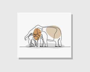 Continuous single one line drawing of young elephant calf holding elephant mother tail walk and follow animal family boho bohemian style design vector illustration