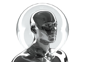 3D illustration of a male silver torso on a white background. Metal mannequin in security bubble. 