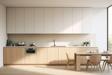 Interior of minimalist style kitchen with simple cupboards and modern appliances in light apartment