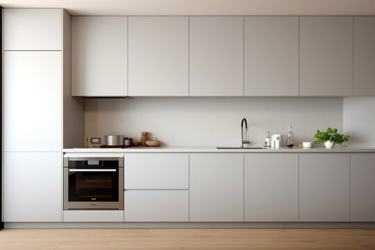 Interior of minimalist style kitchen with simple cupboards and modern appliances in light apartmen,generative.ai