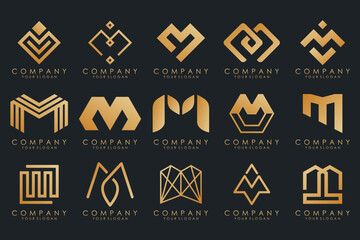 Set of letter M logo design vector. Collection of modern M letter design in gold.