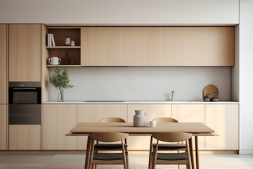 Fototapeta na wymiar Interior of minimalist style kitchen with simple cupboards and modern appliances in light apartment,generative.ai