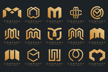 Set of letter M logo design vector. Collection of modern M letter design in gold.
