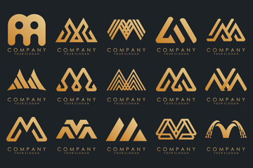 Set of letter M logo design vector. Collection of modern M letter design in gold.