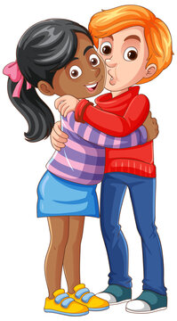 Interracial couple couple hugging cartoon character