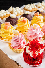 Catering buffet for events with desserts, cupcakes, meringues