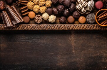 Fototapeta na wymiar Chocolates and lollies on a wooden table. Generative Ai