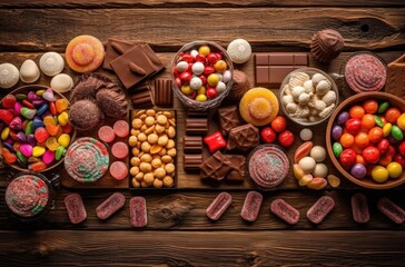 Chocolates and lollies on a wooden table. Generative Ai