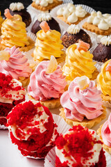 Catering buffet for events with desserts, cupcakes, meringues