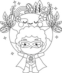 a vector of a boy superhero of earth in black and white coloring