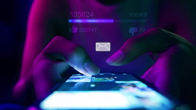 woman touching scroll page app on mobile phone.In a room with blue and purple neon tones.concept Social Media View Counter And marketing