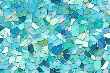 Seamless blue mosaic texture. Watercolor geometric pattern. Stained glass effect. Generative AI illustration - obrazy, fototapety, plakaty