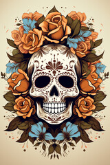 La Catrina dia de muertos Skull. Bemalter Schädel in braun mit Blumen Deko in blau, orange und grün.. Tag der Toten in Mexico. Hochkant. Hochformat. Generative Ai.
