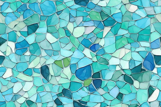 Seamless Blue Mosaic Texture. Watercolor Geometric Pattern. Stained Glass Effect. Generative AI Illustration