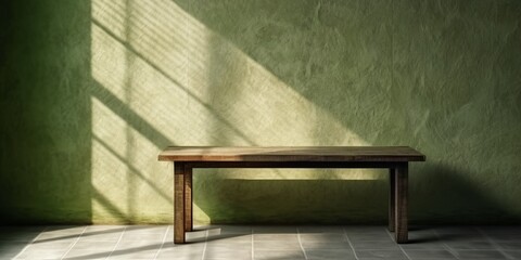Wooden table and sun light shadow copy space blurred background, AI Generateand