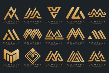 Obraz premium Set of letter M logo design vector. Collection of modern M letter design in gold.