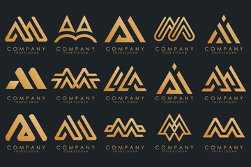 Set of letter M logo design vector. Collection of modern M letter design in gold.