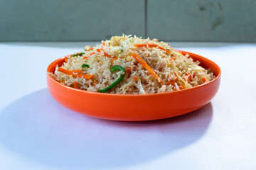 Chicken fried rice - egg fried rice with spices on white background