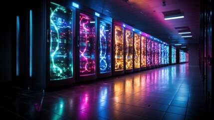 A realm of technological marvels within a Data Center Server Room. The room pulsates with a vibrant display of colors. Created with Generative AI