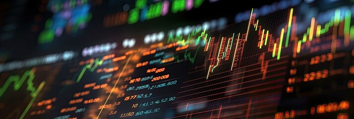 Obraz na płótnie Canvas screen showing financial crypto stock analytics graphs information background banner design, Generative AI