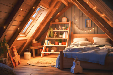 Obraz na płótnie Canvas an interior of attic room with a sweet, cozy and cute color
