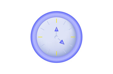 Clock icon 3d. Dial with minute and hour hand. Concept of exact time, deadline, countdown. Wall office clock, alarm clock. Vector 3d illustration.