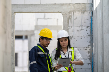 Progressive Construction Project Management with Engineers and Tablets - Blueprint Planning and On-Site Expertise