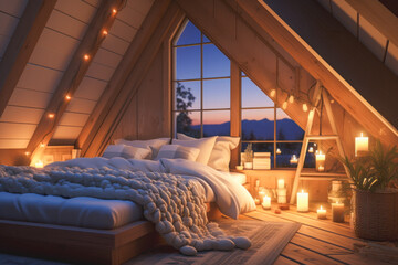 an interior of attic room with a sweet, cozy and cute color