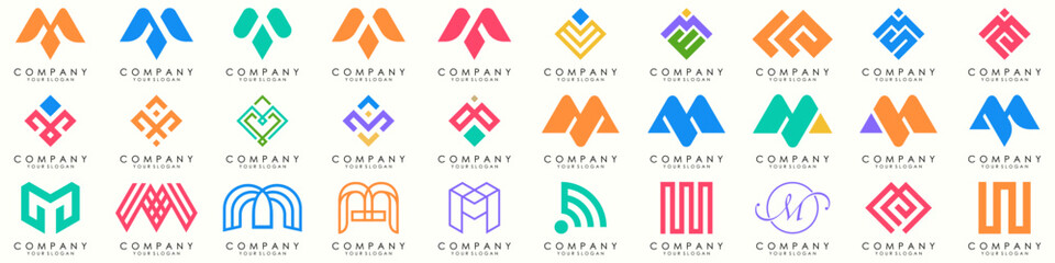 Set of letter M logo design vector. Collection of modern M letter design in colorful.