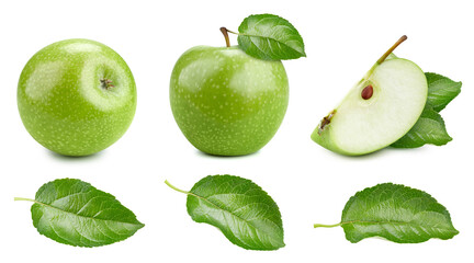 Fresh green apple whole and cut in half with leaf isolated on white background. Clipping Path. Full...