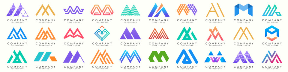 Set of letter M logo design vector. Collection of modern M letter design in colorful.