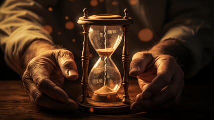 A 3D rendering of aged hands delicately holding an hourglass, symbolizing the preciousness and fleeting nature of time in our later years | generative ai